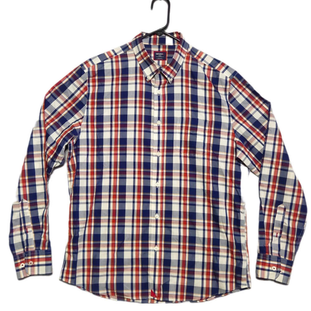 UNTUCKit Caldwell WF Plaid Shirt Mens Large Red Navy White Wrinkle Free 41939